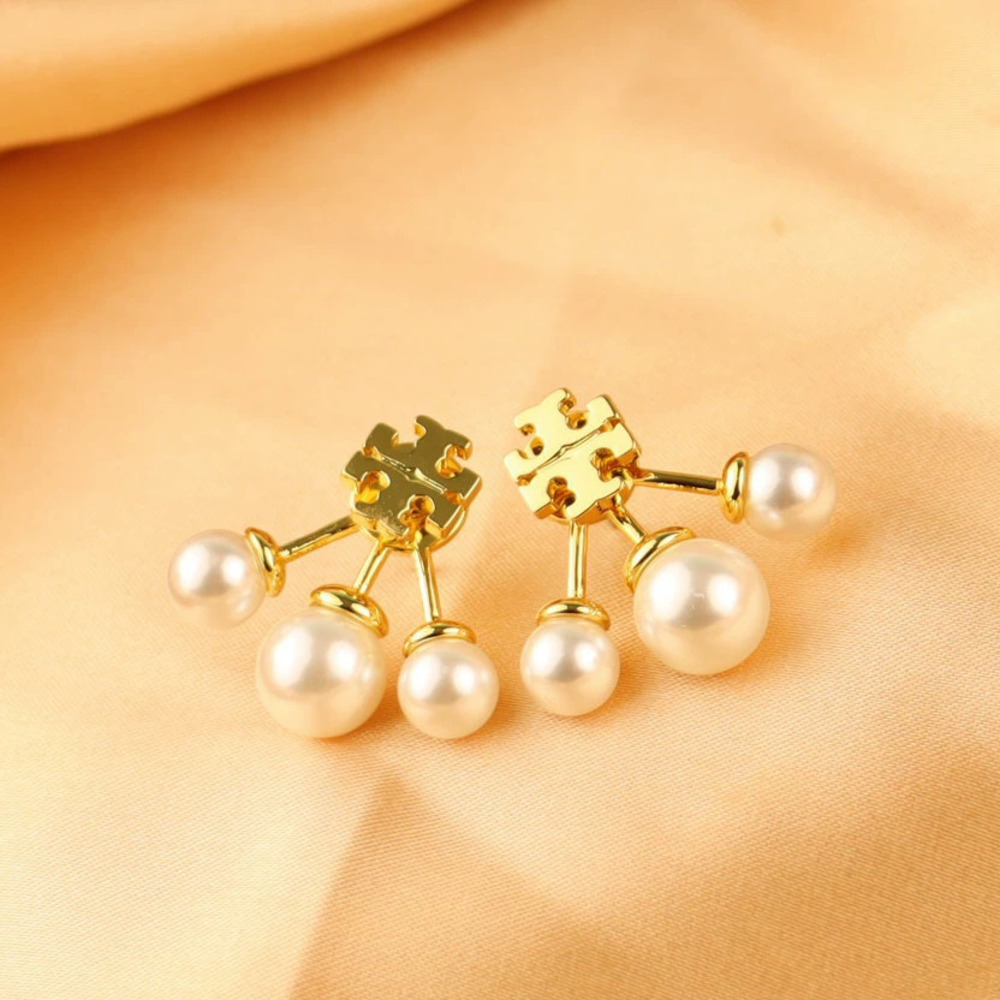 Tory Burch Gold Plated Copper Swarovski Style Pearl Stud Earrings